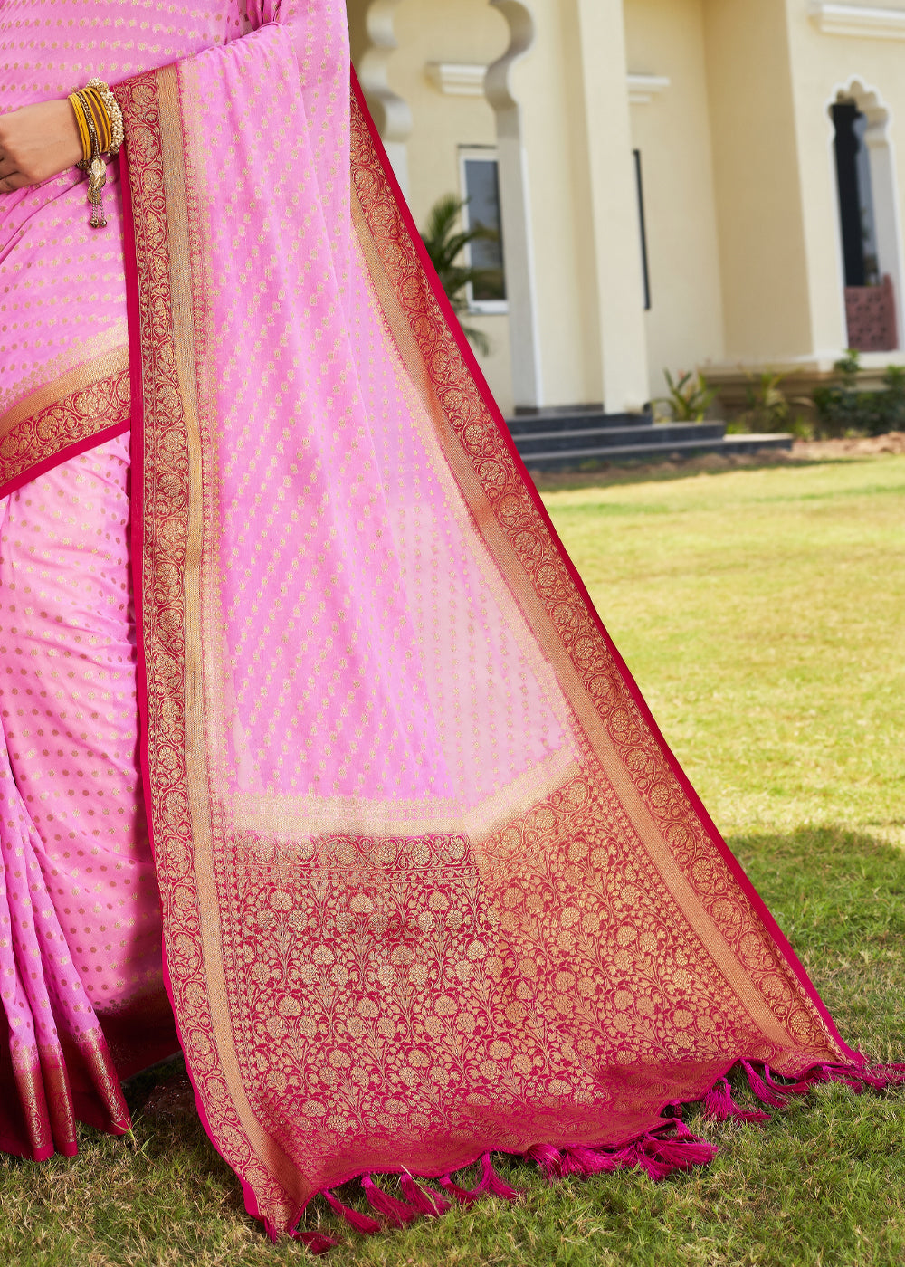 Rose Pink Zari Woven Georgette Saree with Contrast Blouse & Pallu