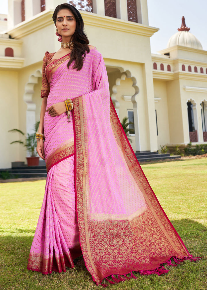 Rose Pink Zari Woven Georgette Saree with Contrast Blouse & Pallu