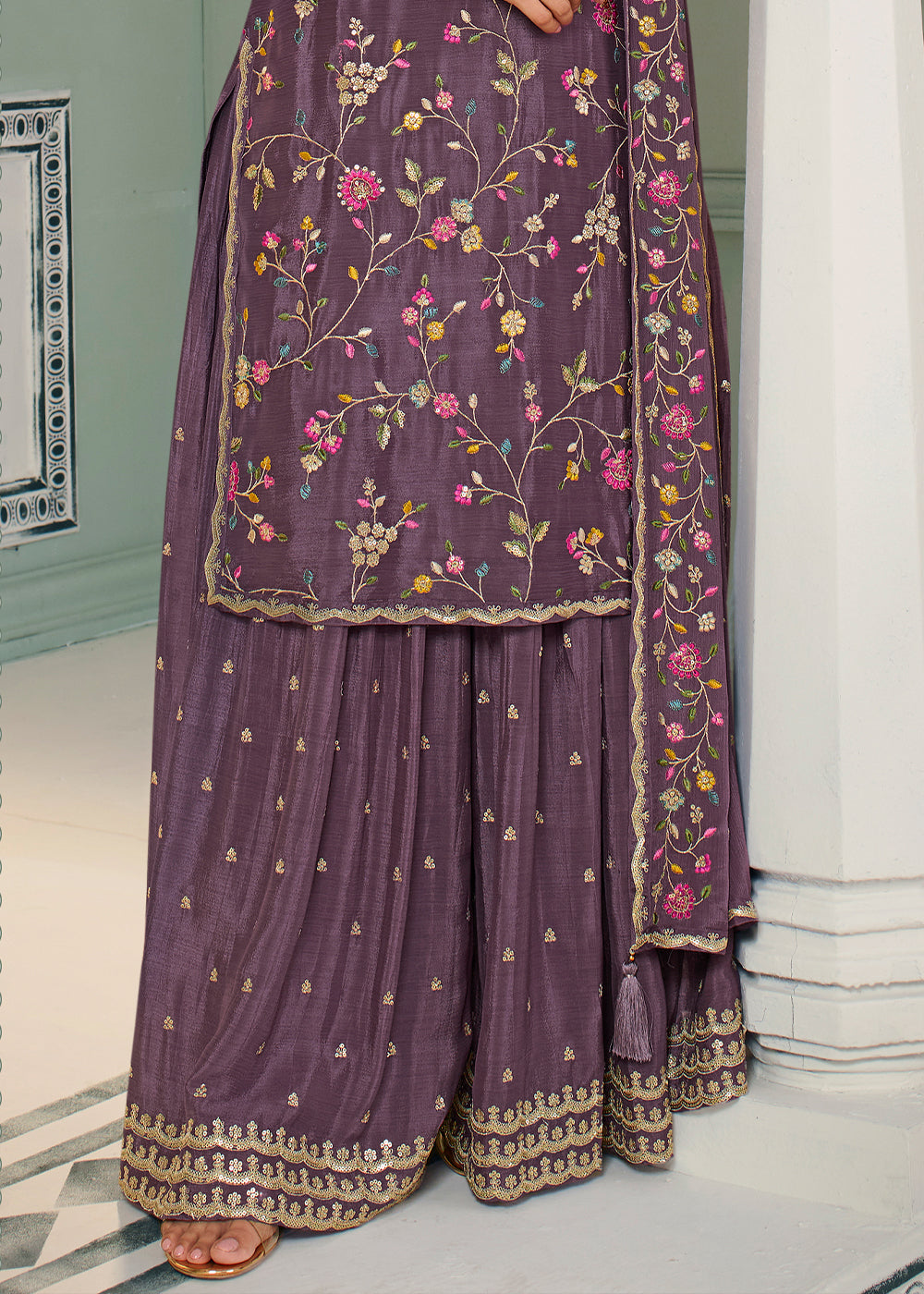 Mauve Purple Chinon Floral Embroidered Sharara Suit