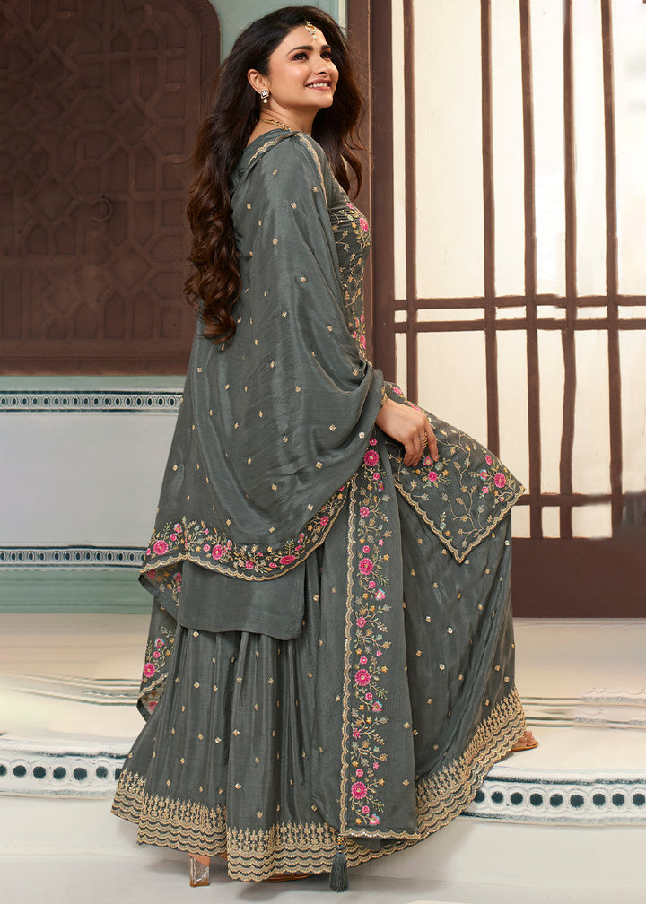 Iron Grey Chinon Floral Embroidered Sharara Suit