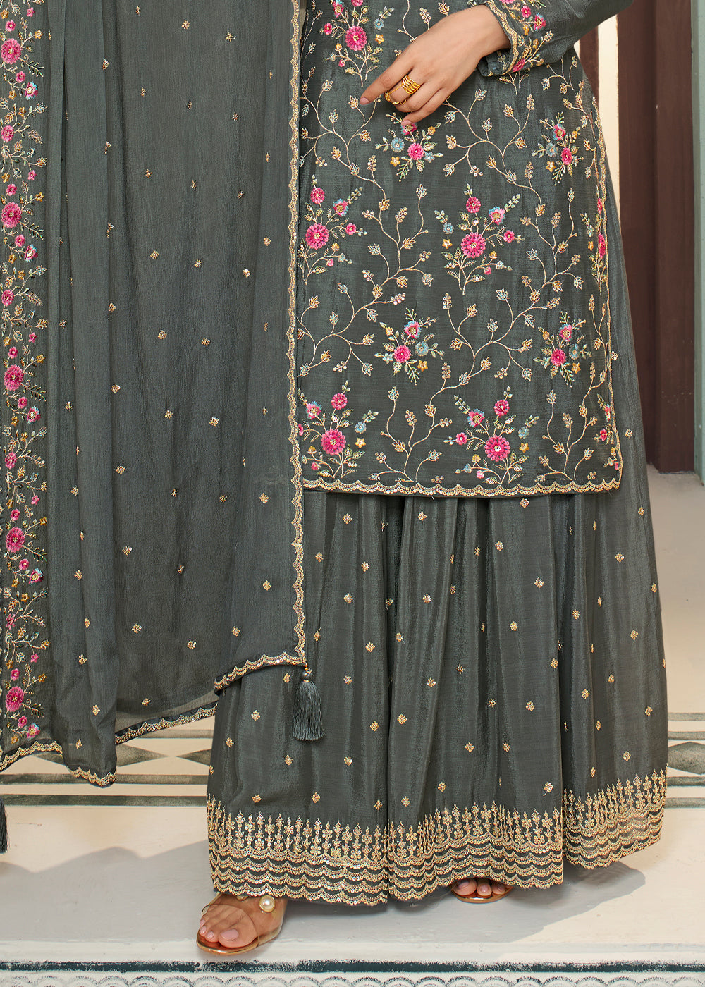 Iron Grey Chinon Floral Embroidered Sharara Suit