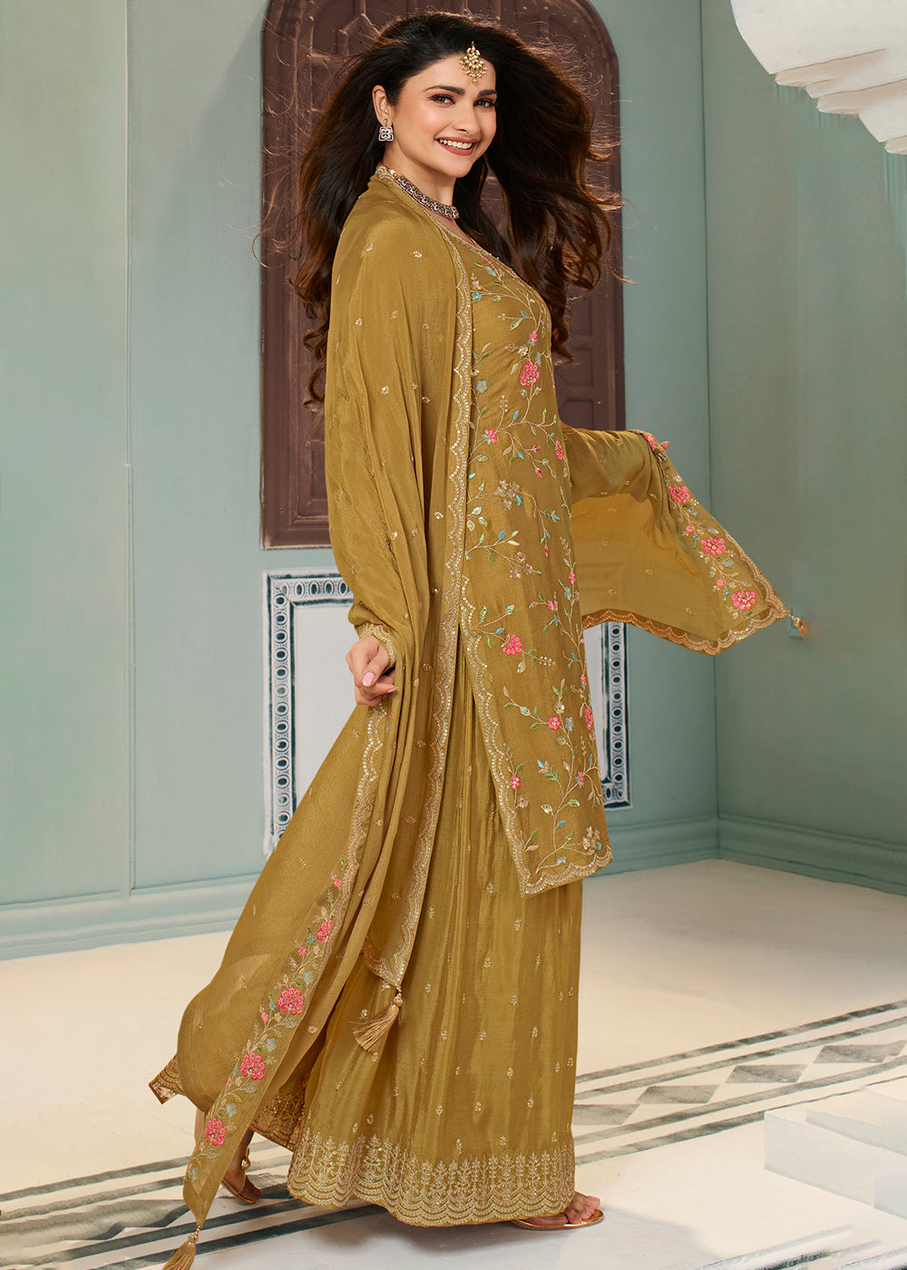 Mustard Yellow Chinon Floral Embroidered Sharara Suit