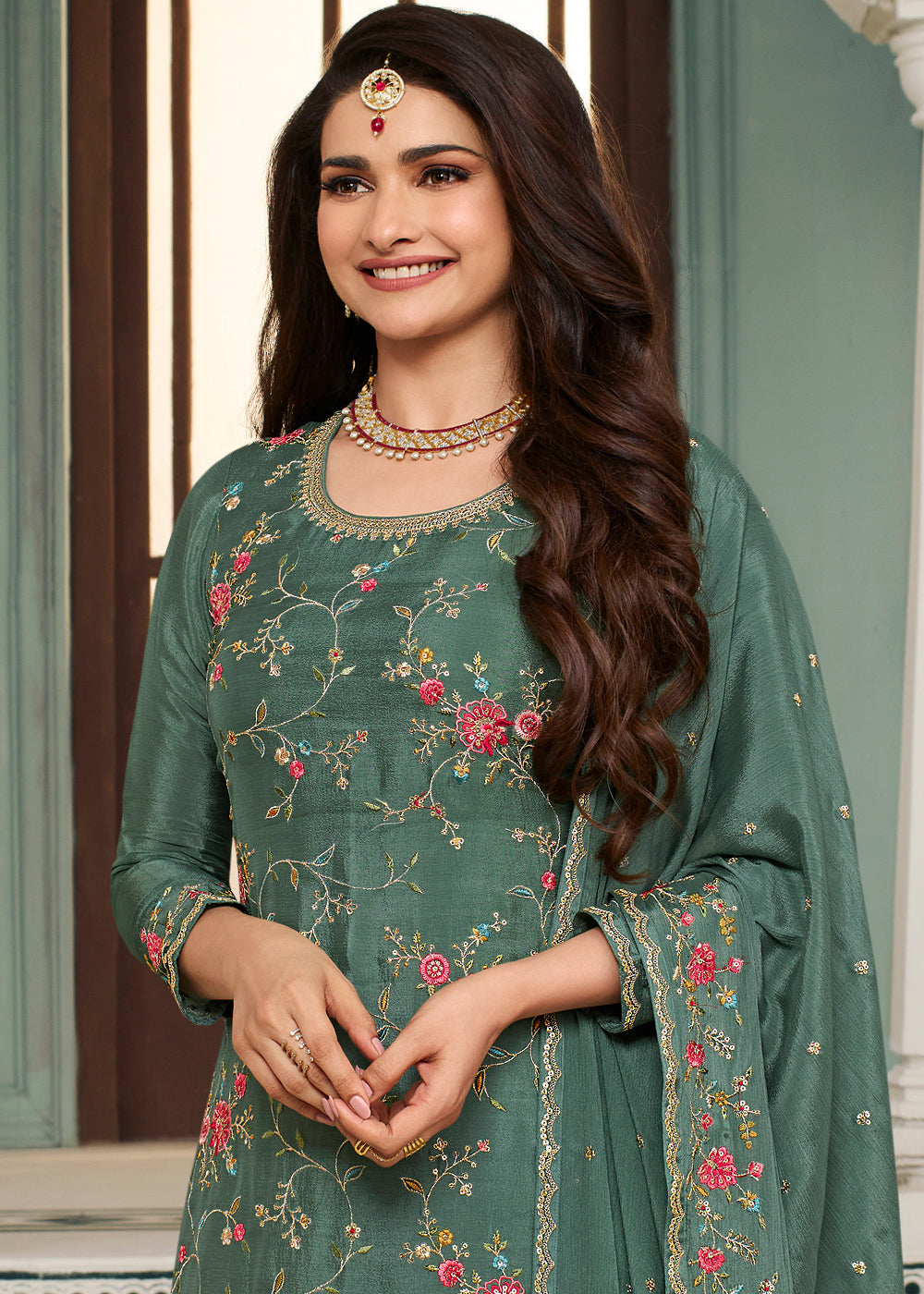 Beautiful Green Chinon Floral Embroidered Sharara Suit