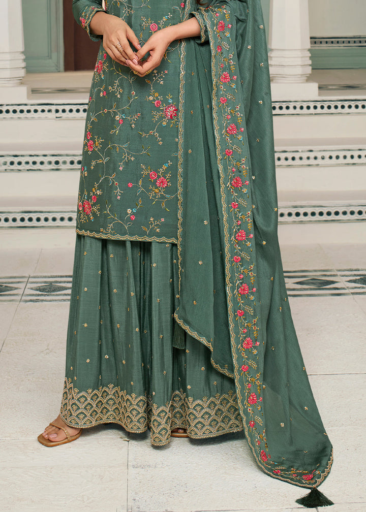 Beautiful Green Chinon Floral Embroidered Sharara Suit