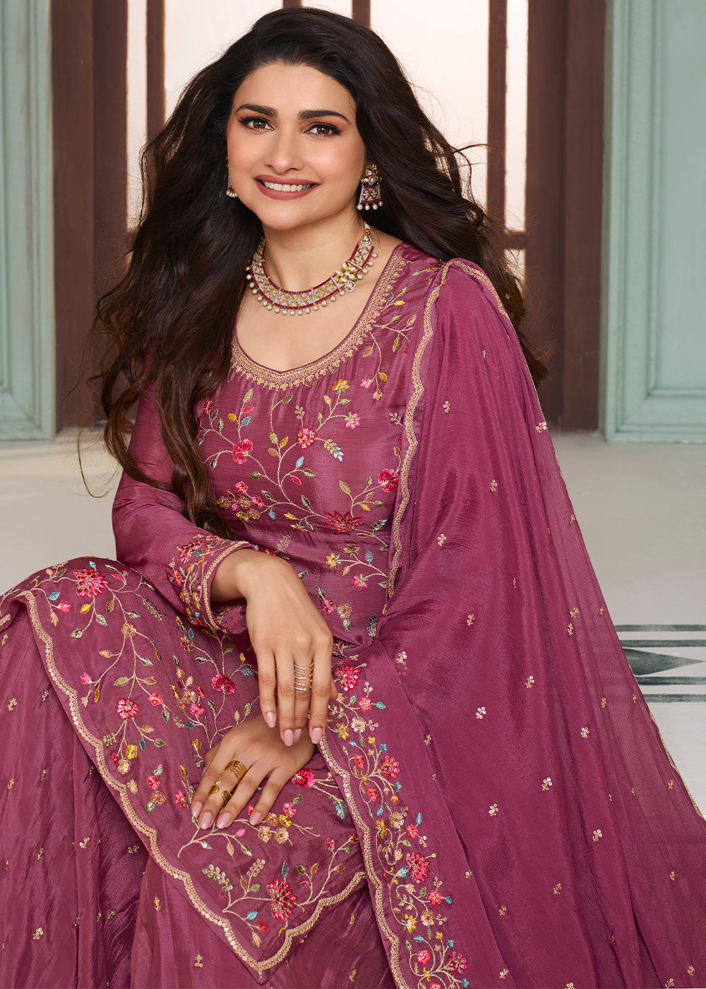 Rhubarb Purple Chinon Floral Embroidered Sharara Suit