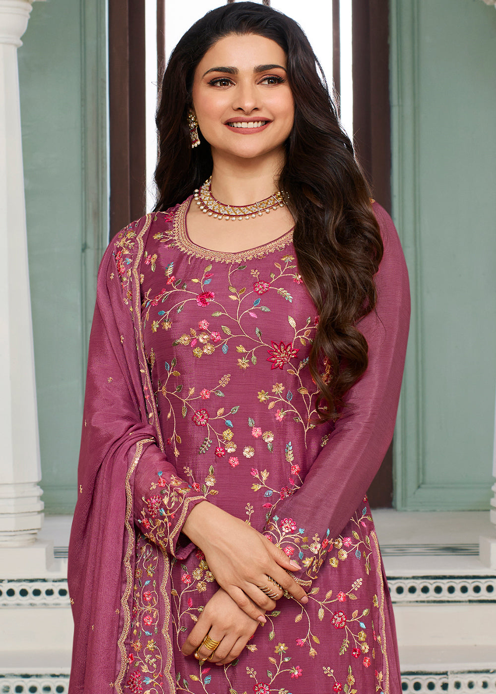 Rhubarb Purple Chinon Floral Embroidered Sharara Suit