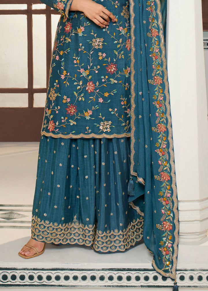 Marine Blue Chinon Floral Embroidered Sharara Suit
