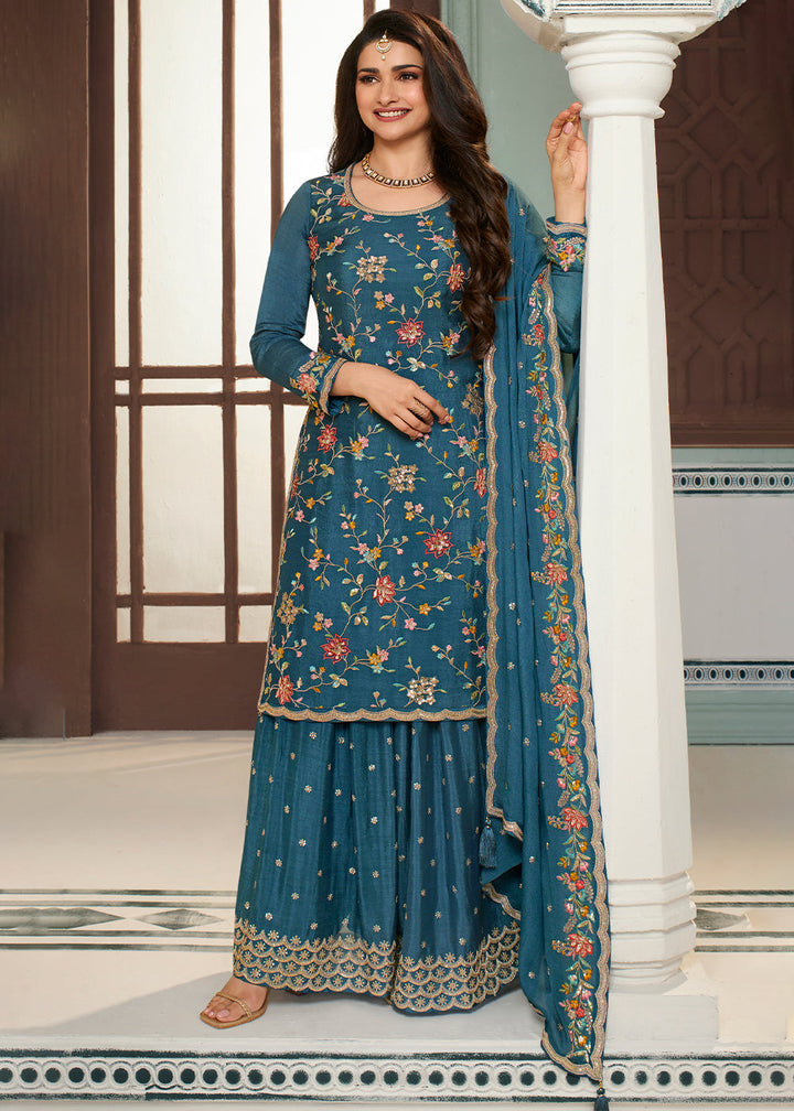 Marine Blue Chinon Floral Embroidered Sharara Suit