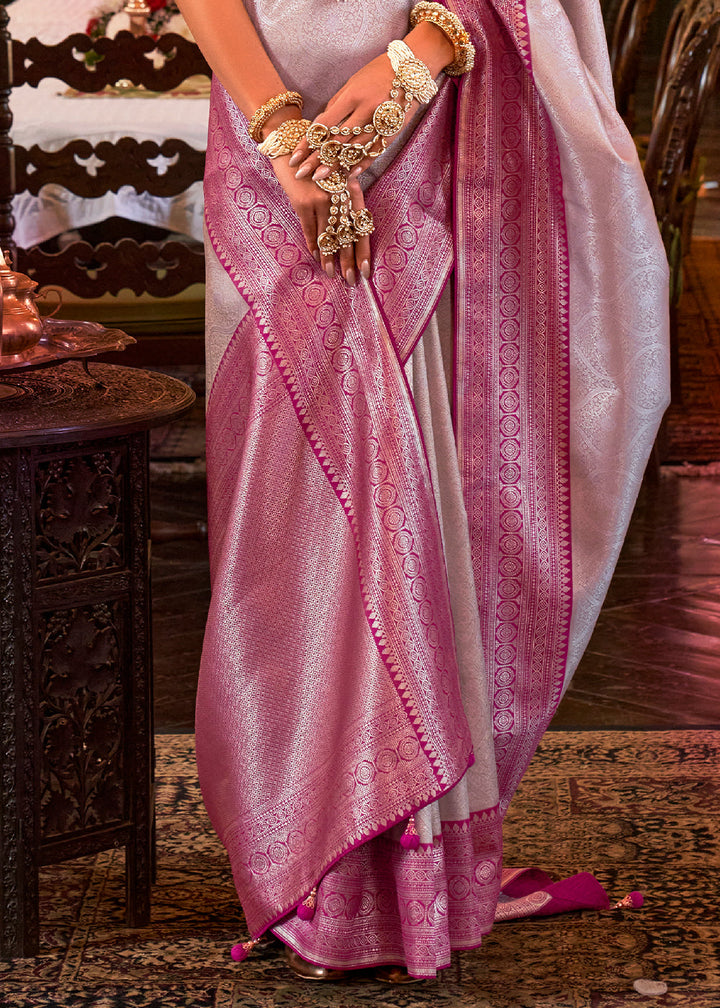 Silver & Pink Woven Kanjivaram Silk Saree