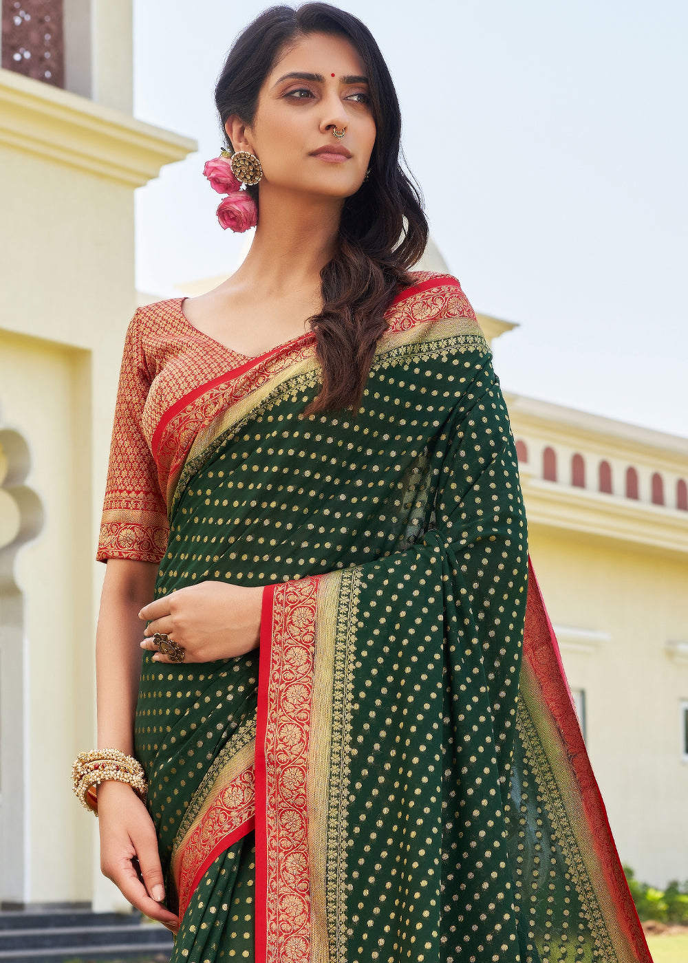 Forest Green Zari Woven Georgette Saree with Contrast Blouse & Pallu