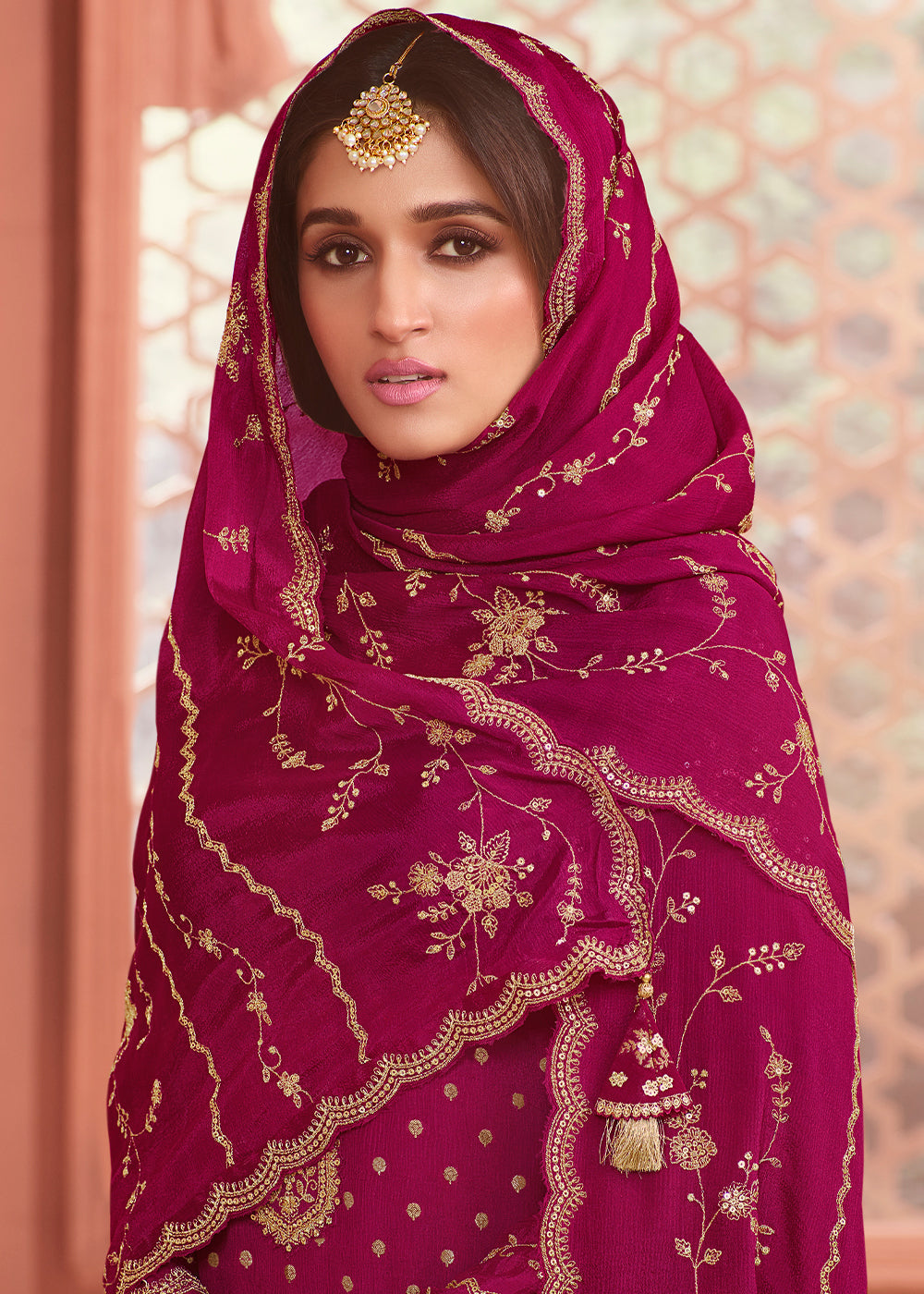 Magenta Purple Thread Embroidered Dola Jacquard Salwar Suit