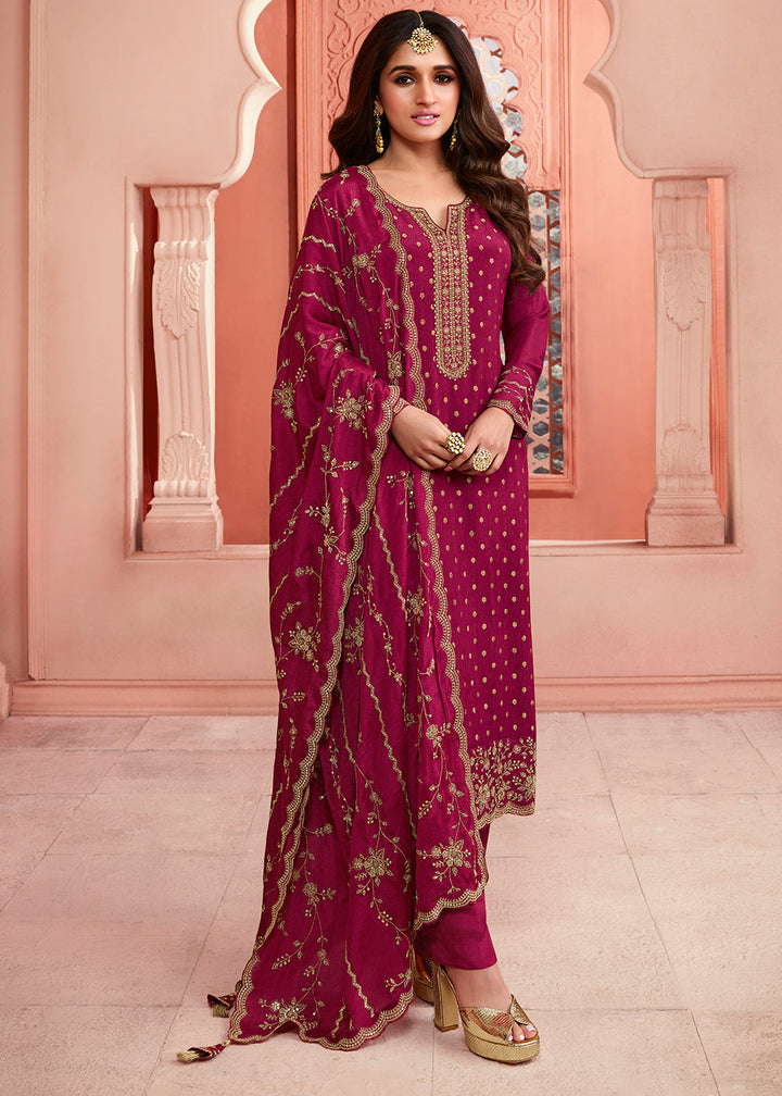 Magenta Purple Thread Embroidered Dola Jacquard Salwar Suit