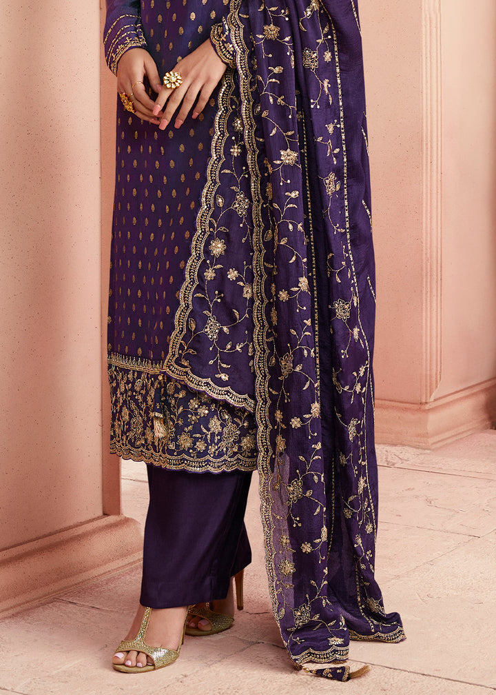 Grape Purple Thread Embroidered Dola Jacquard Salwar Suit