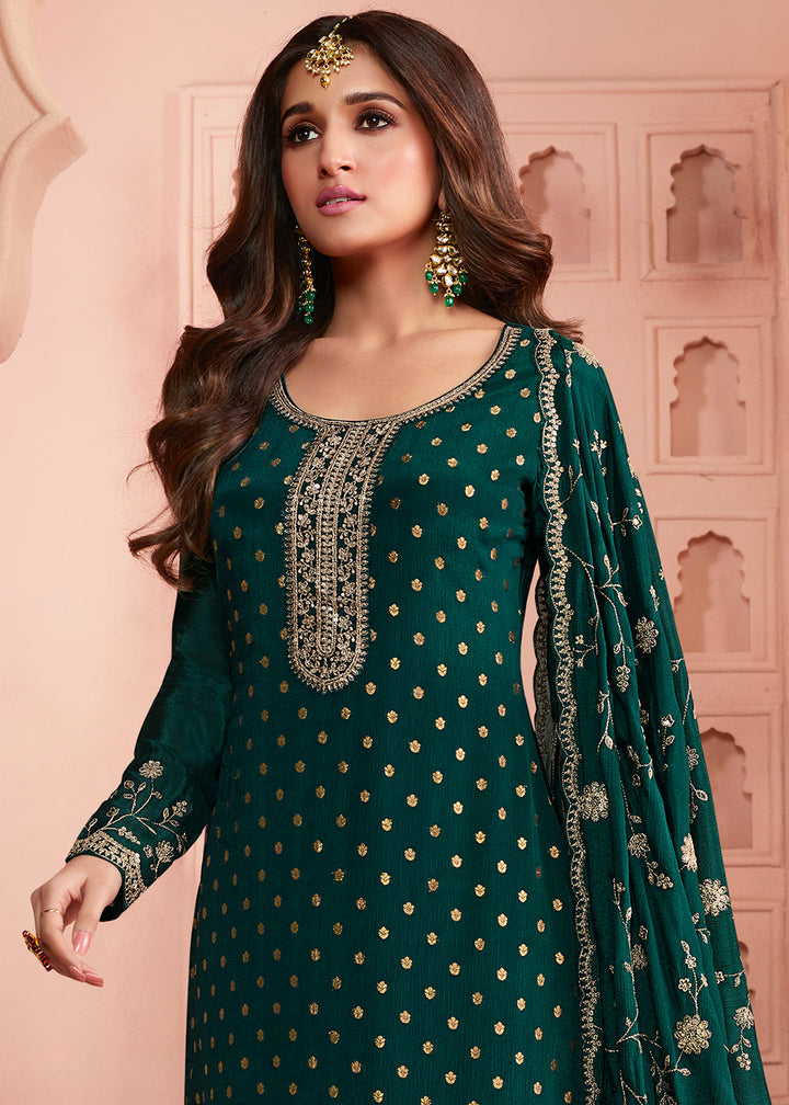 Sacramento Green Thread Embroidered Dola Jacquard Salwar Suit