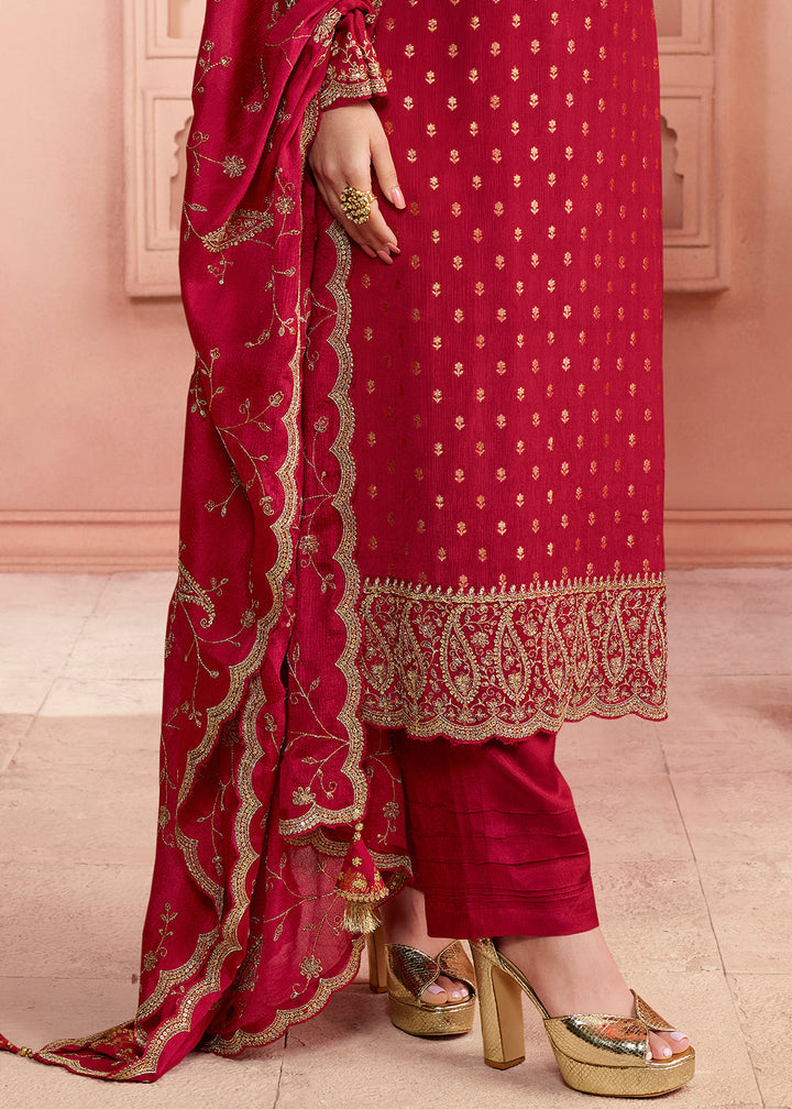 Flame Scarlet Red Thread Embroidered Dola Jacquard Salwar Suit