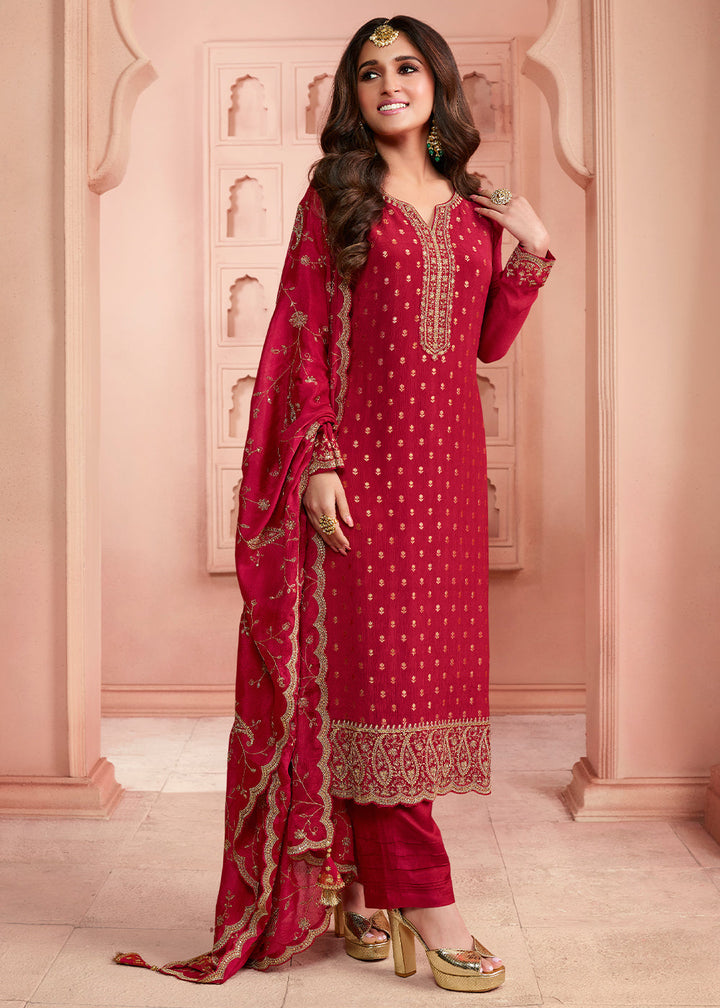 Flame Scarlet Red Thread Embroidered Dola Jacquard Salwar Suit