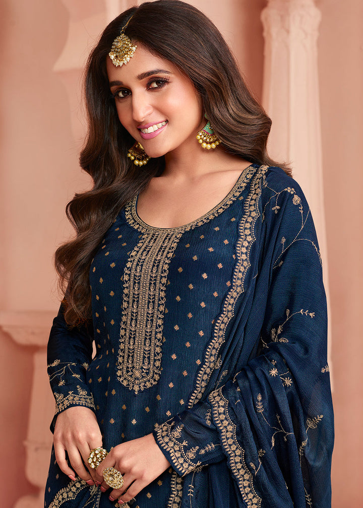 Space Blue Thread Embroidered Dola Jacquard Salwar Suit