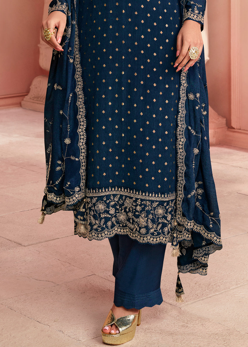 Space Blue Thread Embroidered Dola Jacquard Salwar Suit