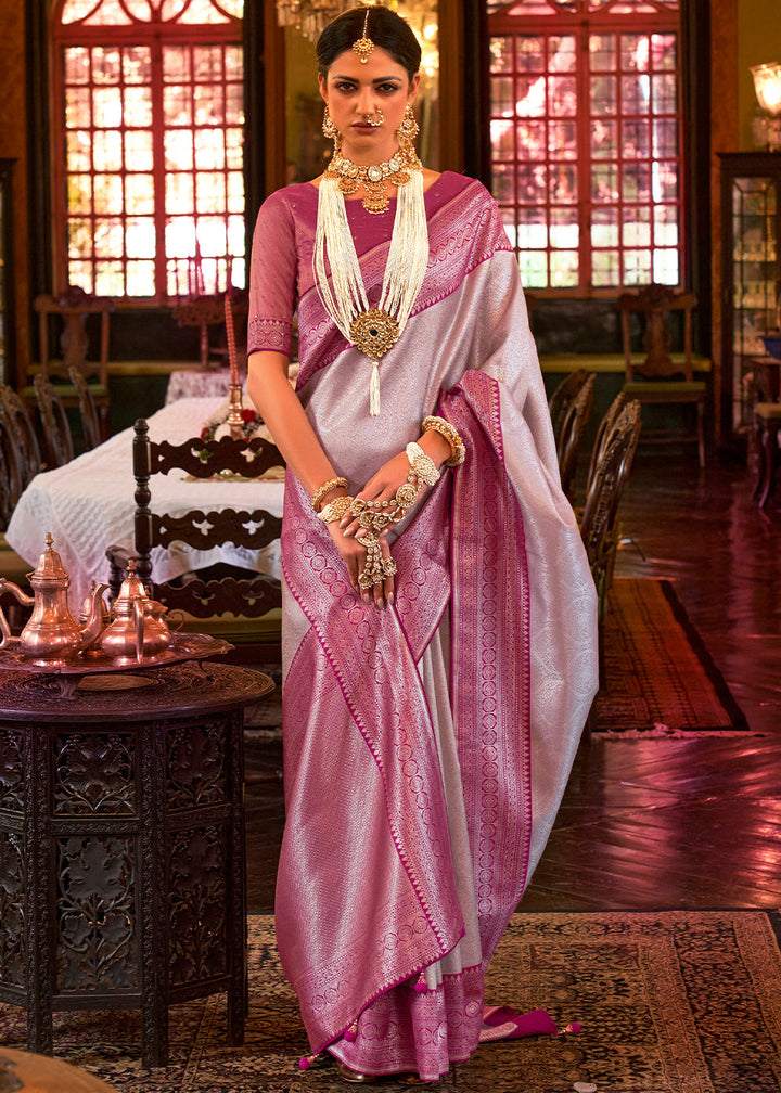 Silver & Pink Woven Kanjivaram Silk Saree