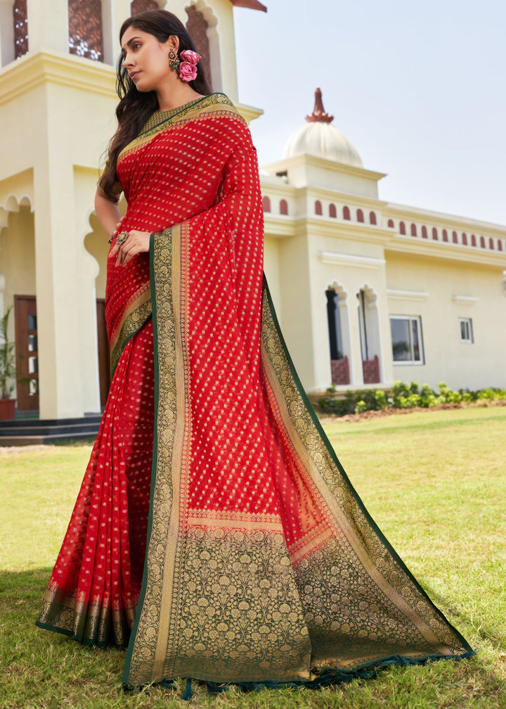 Bridal Red Zari Woven Georgette Saree with Contrast Blouse & Pallu
