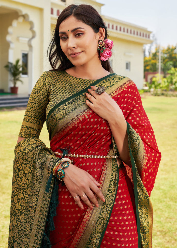 Bridal Red Zari Woven Georgette Saree with Contrast Blouse & Pallu