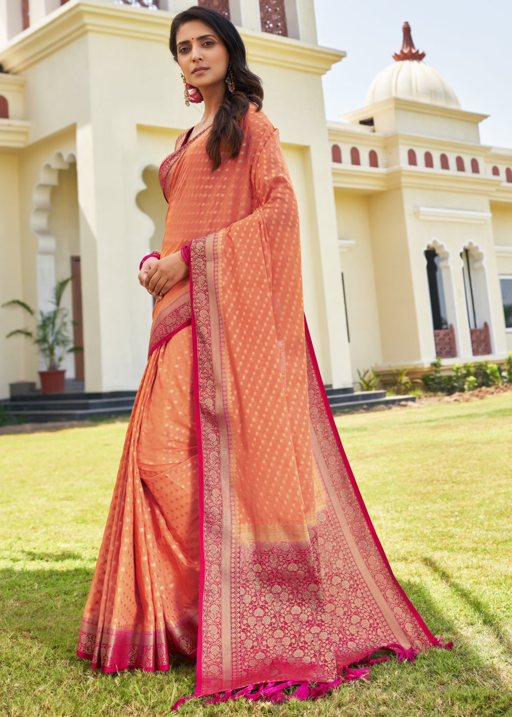 Coral Pink Zari Woven Georgette Saree with Contrast Blouse & Pallu