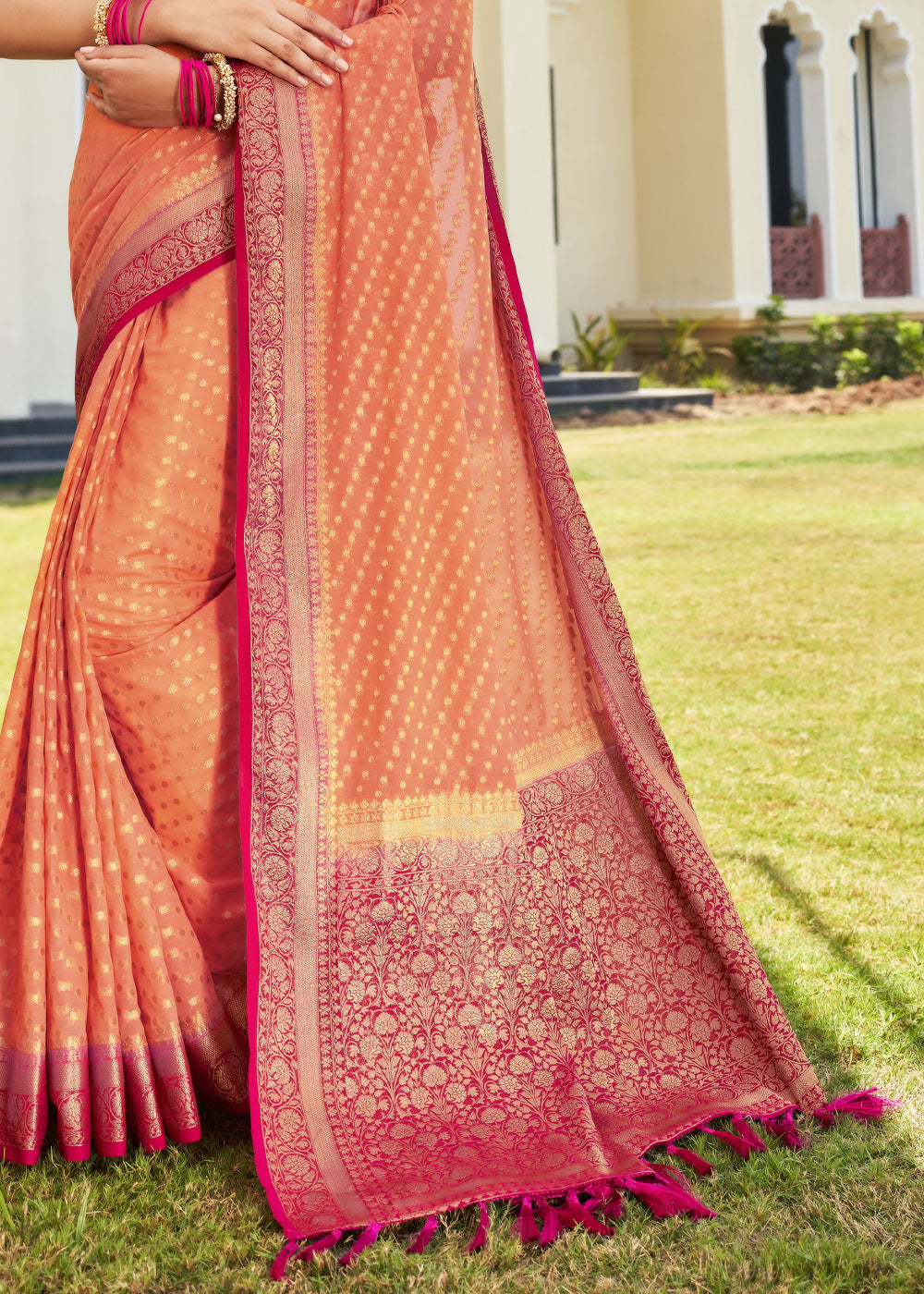 Coral Pink Zari Woven Georgette Saree with Contrast Blouse & Pallu