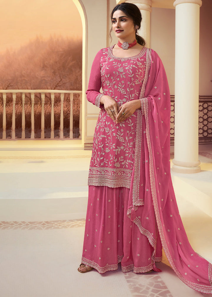 Cherry Pink Chinon Floral Embroidered Plazzo Suit