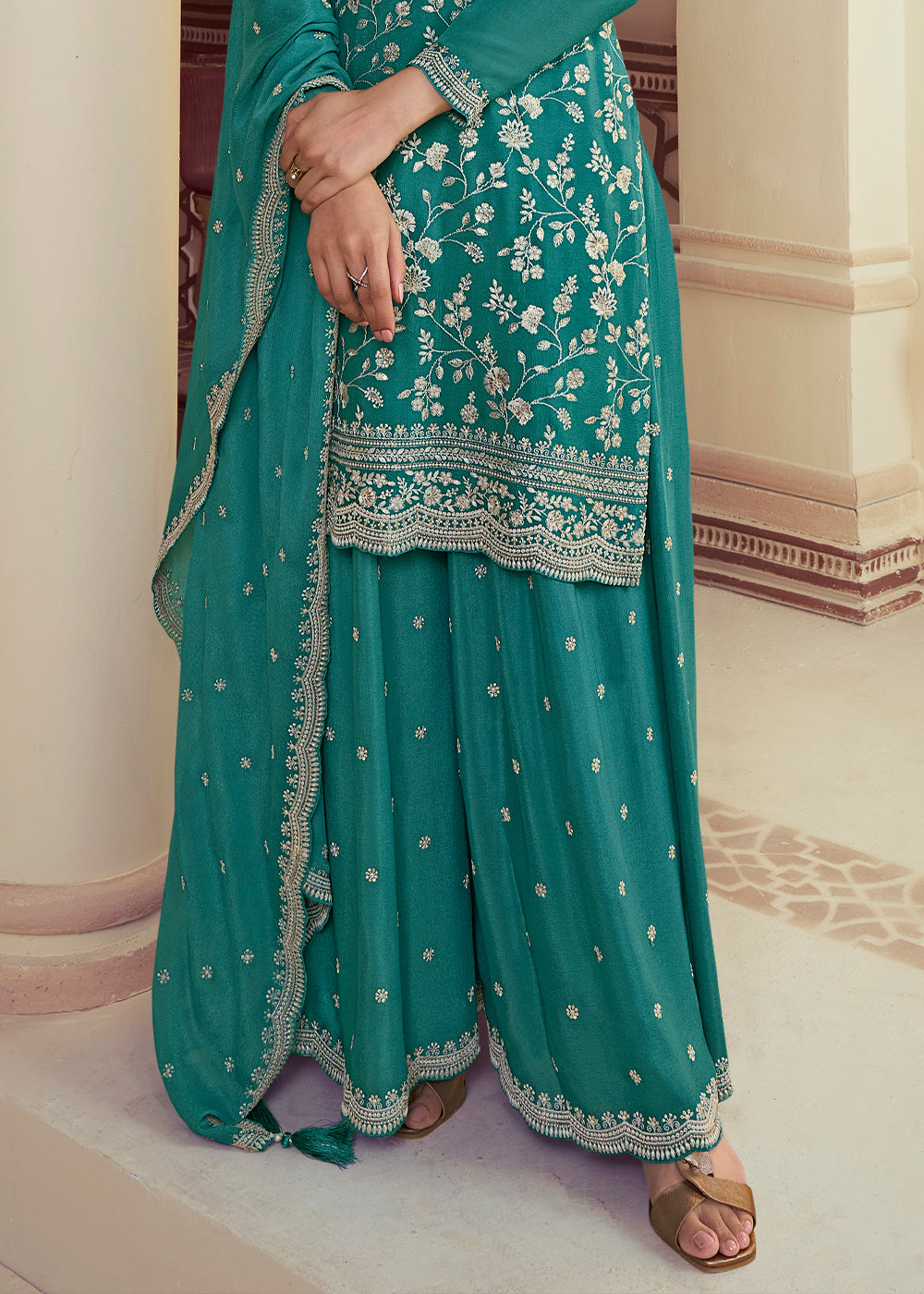 Teal Blue Chinon Floral Embroidered Plazzo Suit