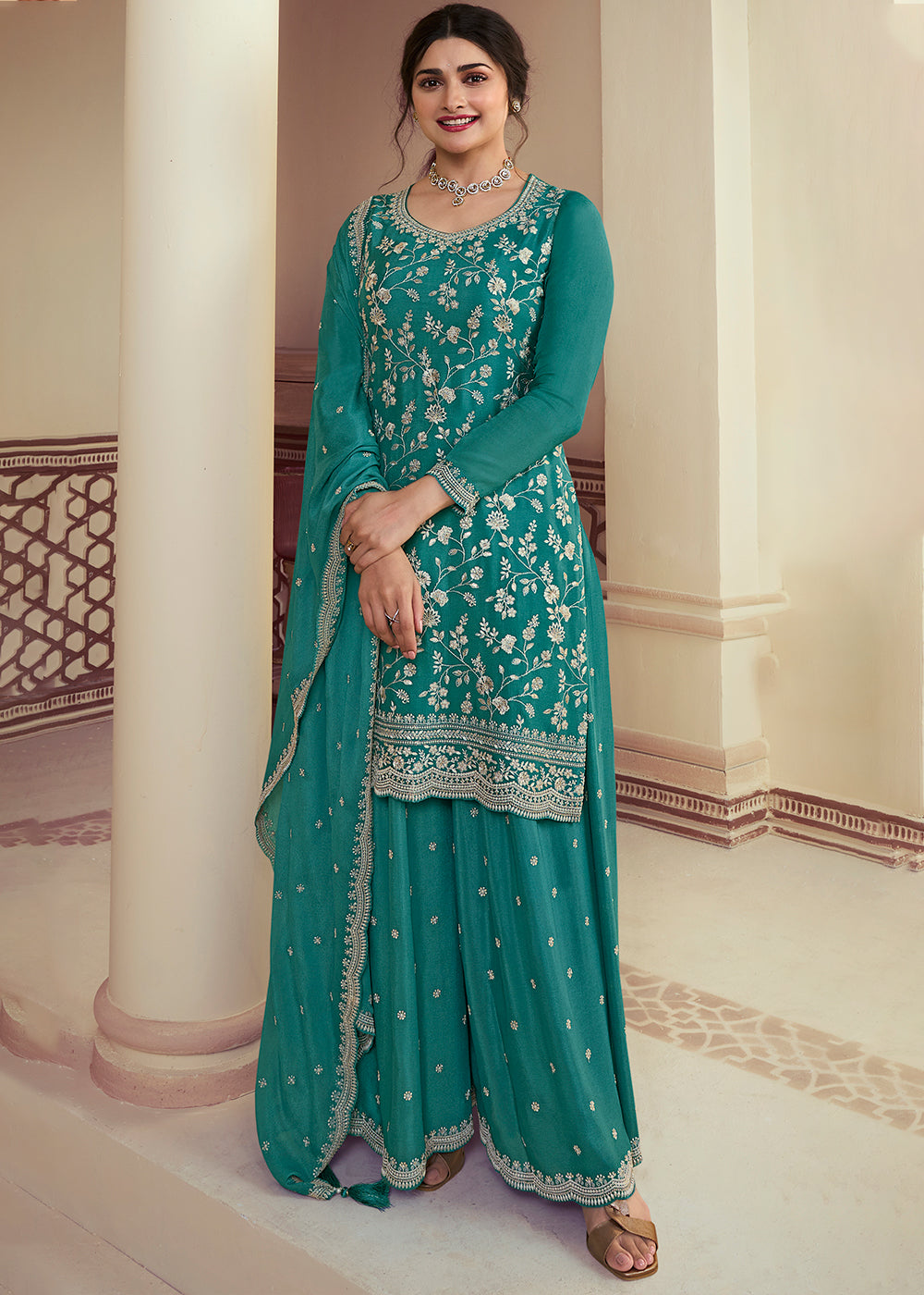 Teal Blue Chinon Floral Embroidered Plazzo Suit