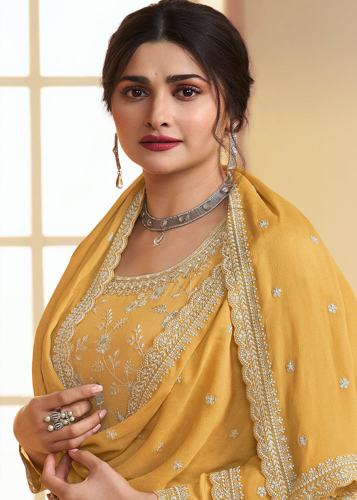 Amber Yellow Chinon Floral Embroidered Plazzo Suit