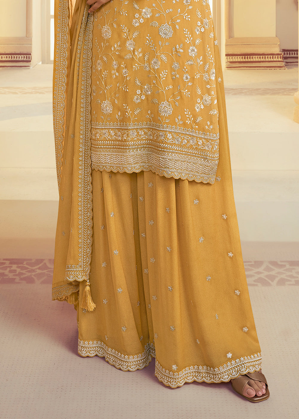 Amber Yellow Chinon Floral Embroidered Plazzo Suit
