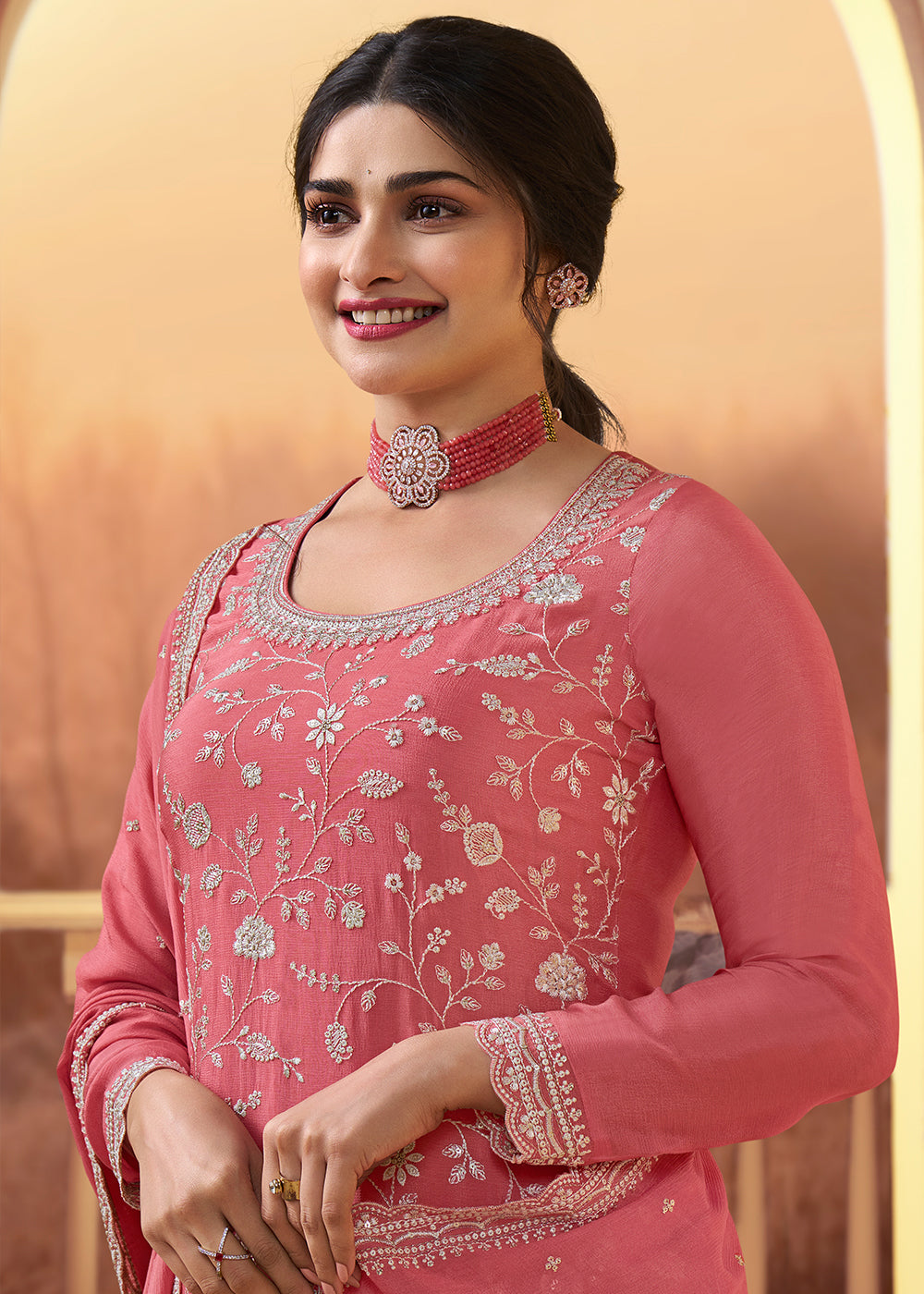Dark Coral Pink Chinon Floral Embroidered Plazzo Suit