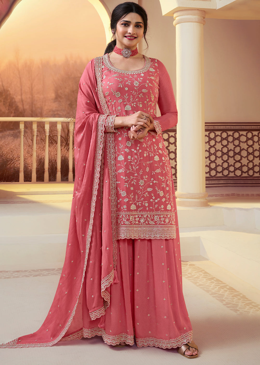 Dark Coral Pink Chinon Floral Embroidered Plazzo Suit