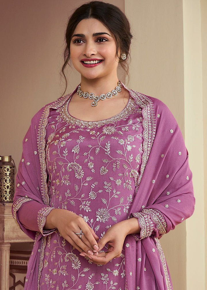 Thistle Purple Chinon Floral Embroidered Plazzo Suit
