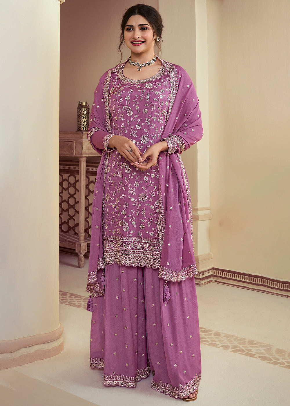 Thistle Purple Chinon Floral Embroidered Plazzo Suit