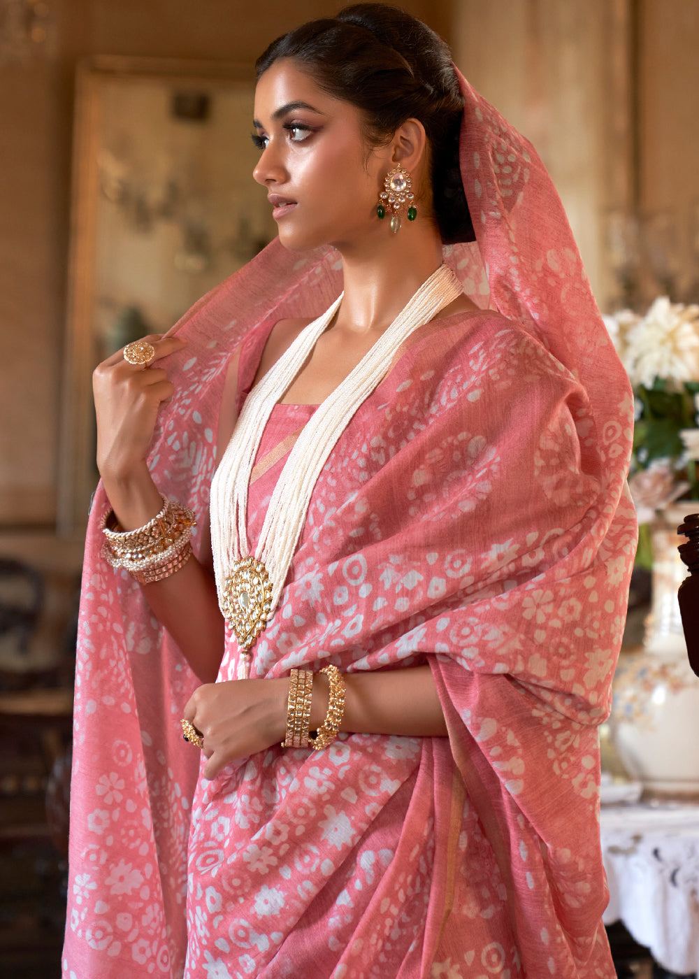Rouge Pink Floral Printed Linen Saree