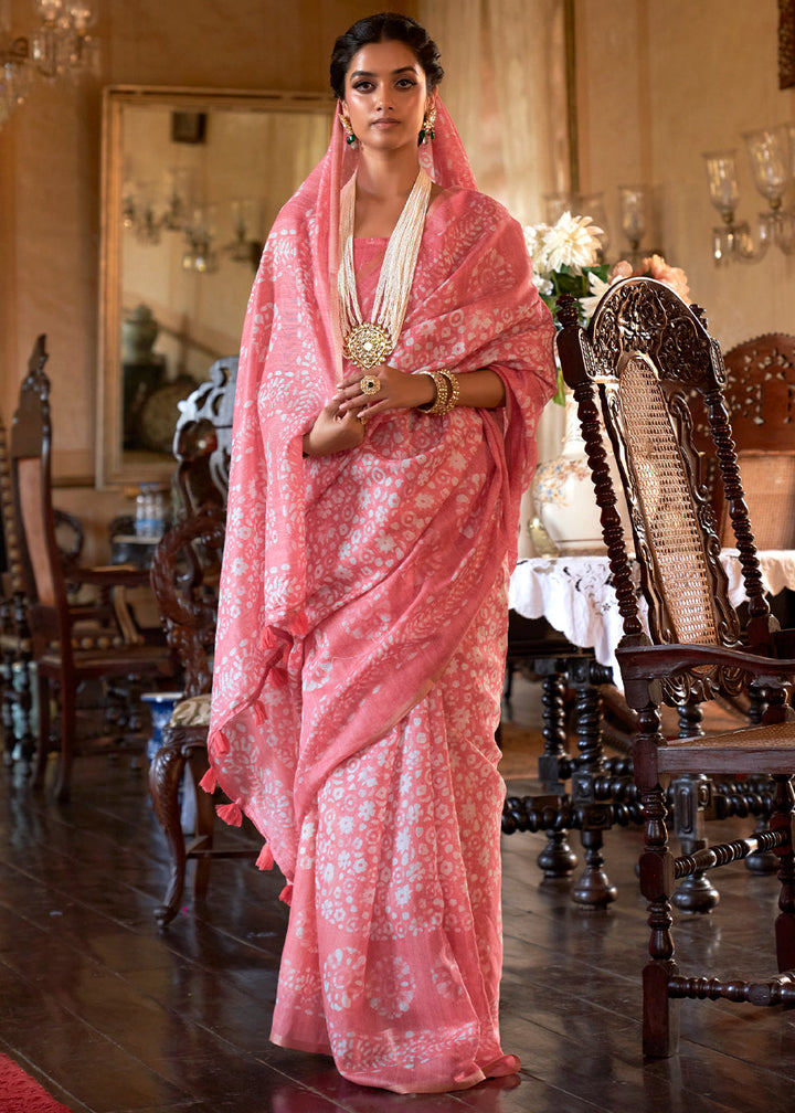 Rouge Pink Floral Printed Linen Saree