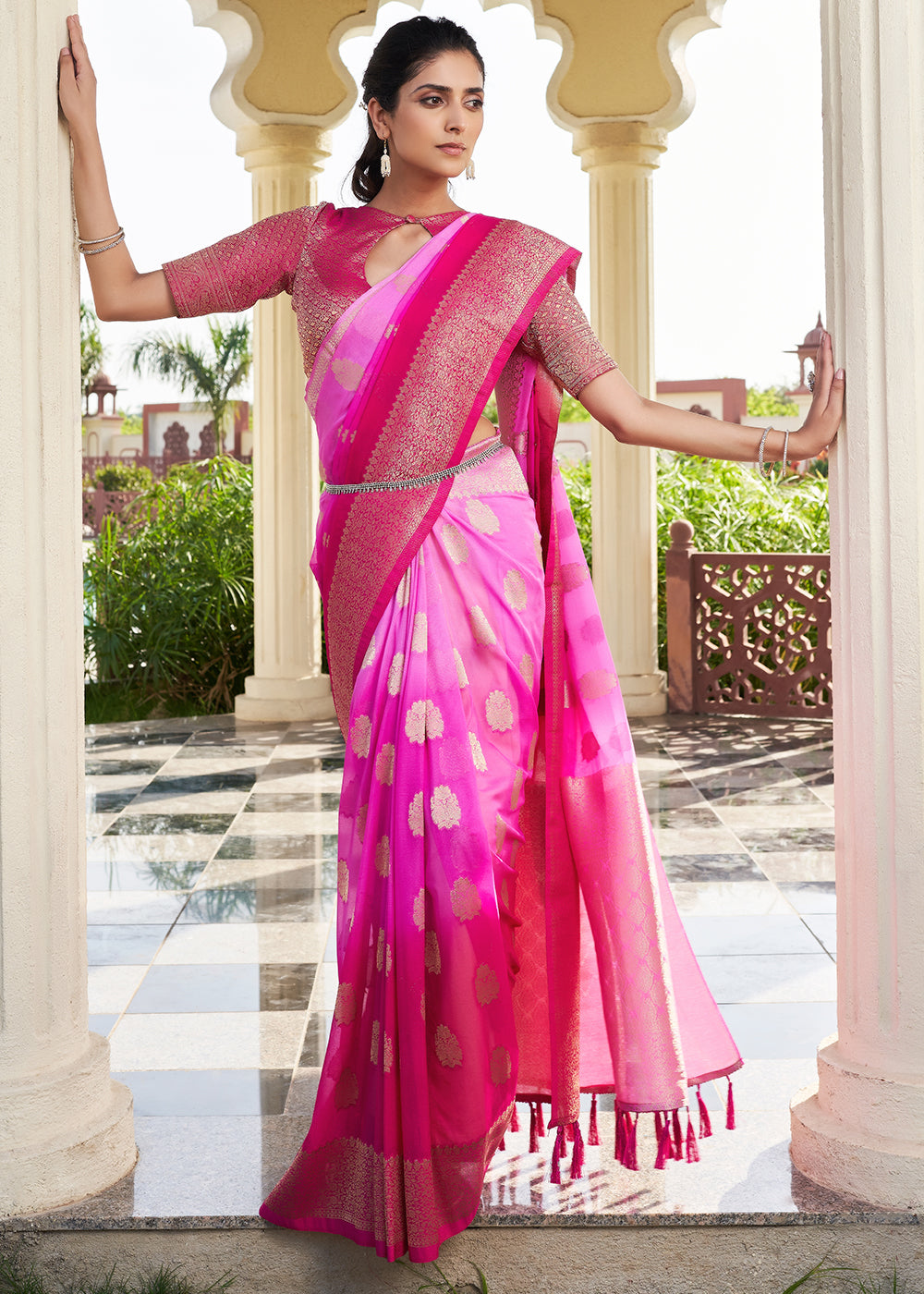 Shades Of Pink Zari Woven Georgette Saree