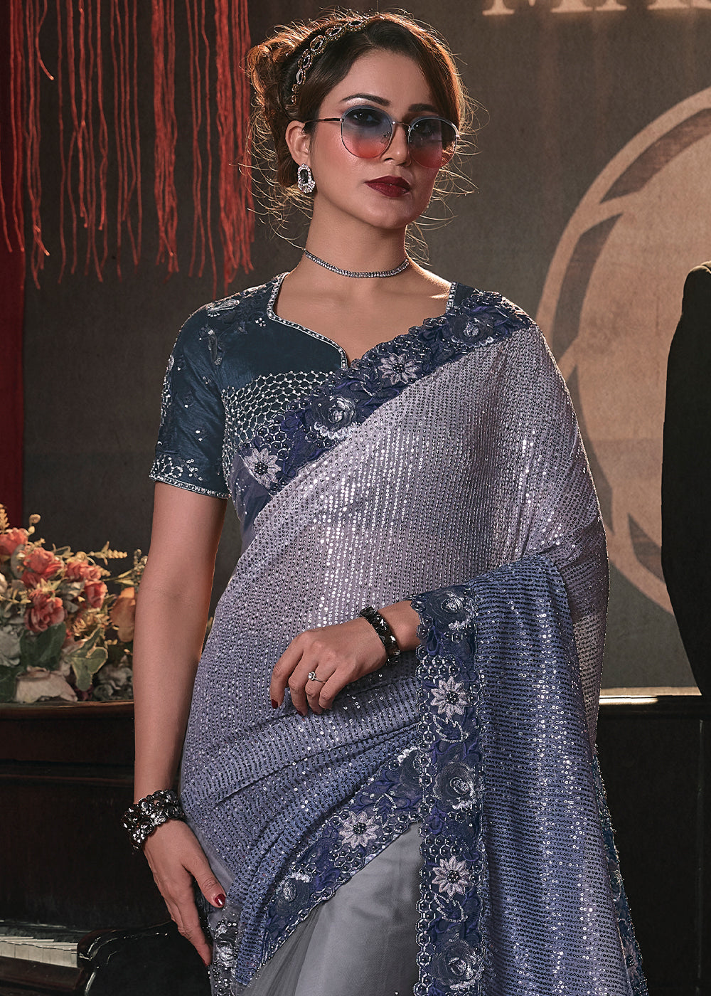 Shades Of Blue Digital Net Saree with Thread,Sequence,Zarkan,Moti and Flower Applique work