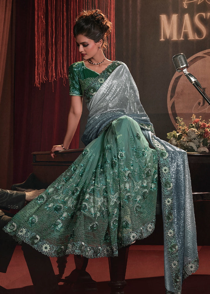 Shades Of Green Digital Net Saree with Thread, Sequence,Zarkan,Moti and Flower Applique work