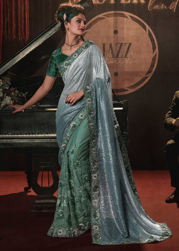 Shades Of Green Digital Net Saree with Thread, Sequence,Zarkan,Moti and Flower Applique work