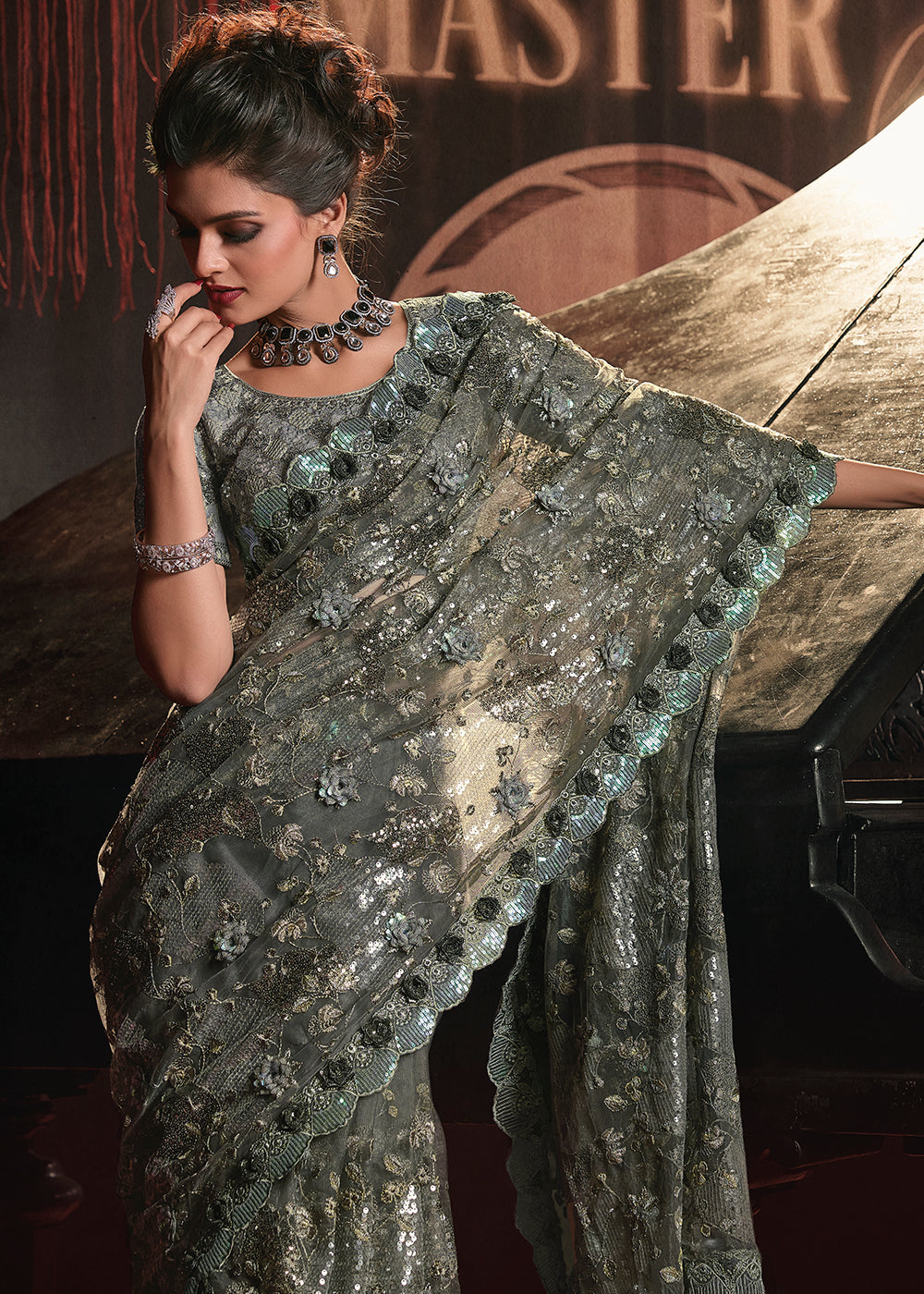 Mehendi Green Digital Net Saree with Sequence and Flower Applique work