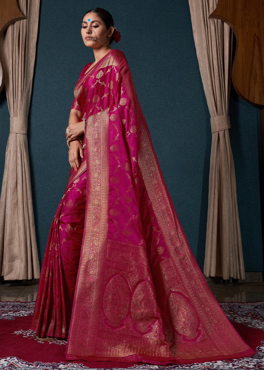 Hot Pink Zari Woven Satin Silk Saree
