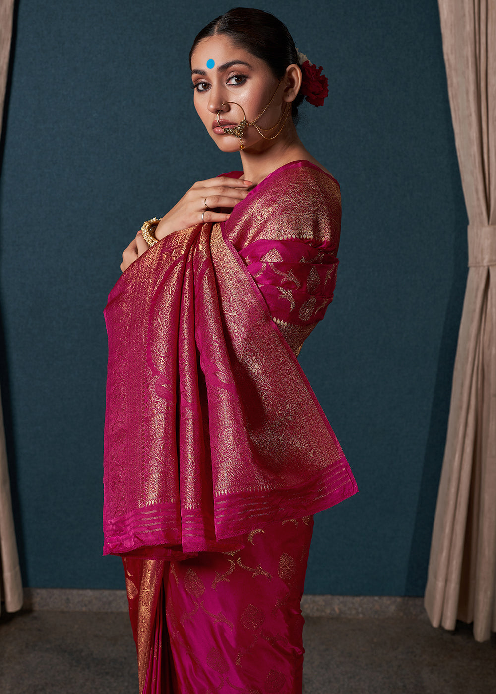 Hot Pink Zari Woven Satin Silk Saree