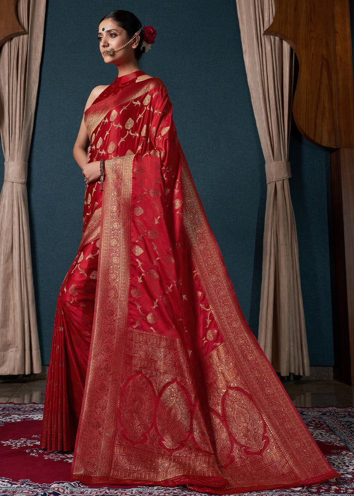 Crimson Red Zari Woven Satin Silk Saree