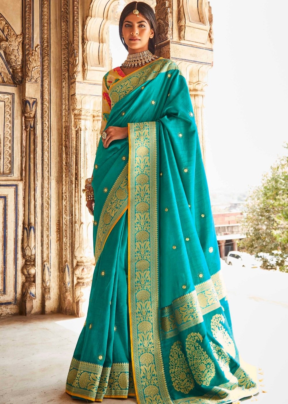 Cerulean Blue Woven Silk Saree with Designer Blouse