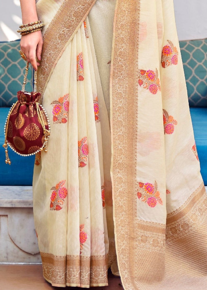 Light Cream Pure Linen Woven Silk Saree with Resham work