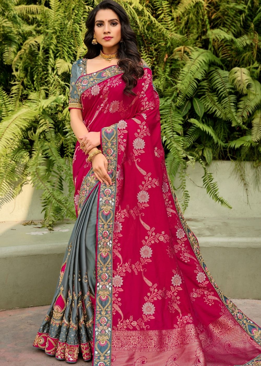 Pink and Grey Half N Half Silk Saree with Embroidered work