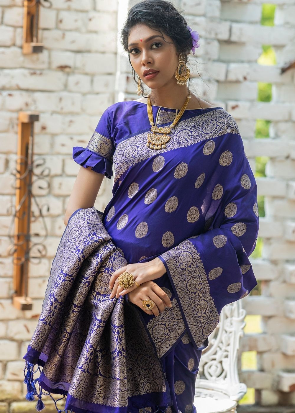Sapphire Blue Soft Banarasi Silk Saree with overall Butti